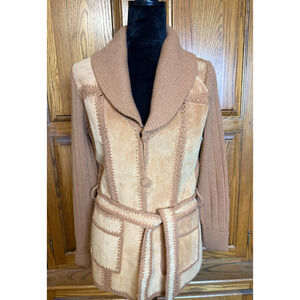 Vtg 1970's Belted Suede Knit Pieced Leather Crochet Cardigan Jacket Sz M *READ